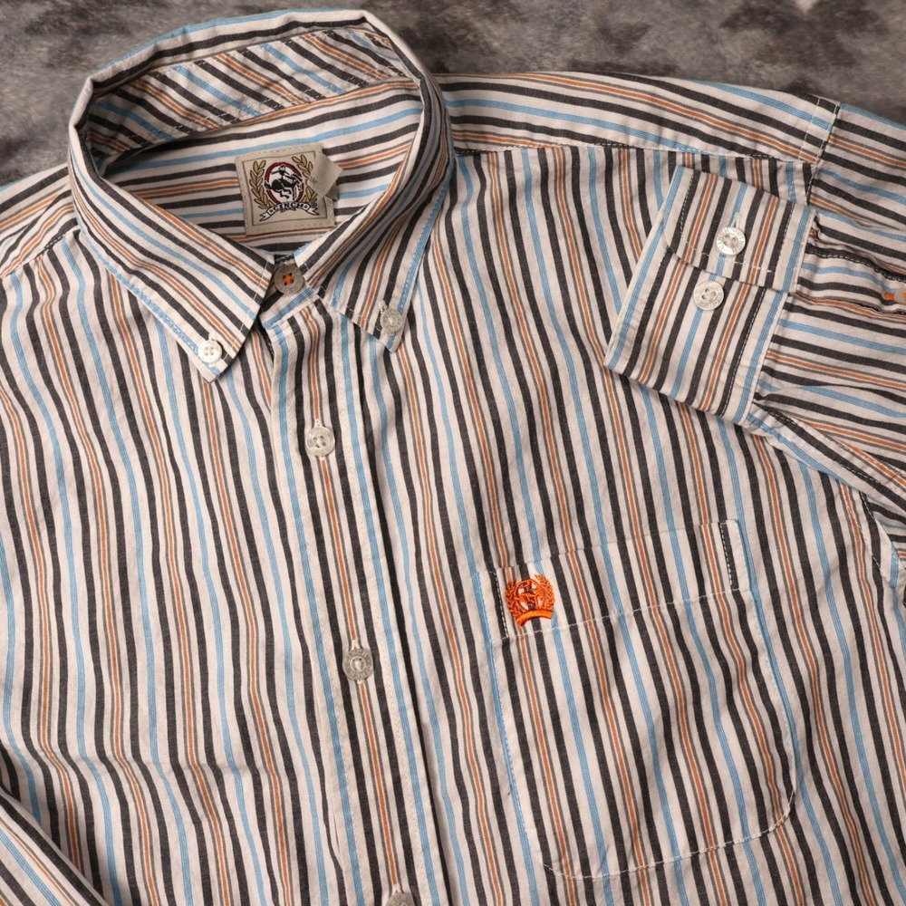 Cinch Mens XL 14 Multi Stripe Western Button Down Shirt Blue Orange Long Sleeve